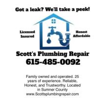 Got a leak? We’ll take a peek! Call Scott’s Plumbing Repair today! 615 485 0092