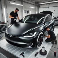 Tesla Model X matte black wrap installation